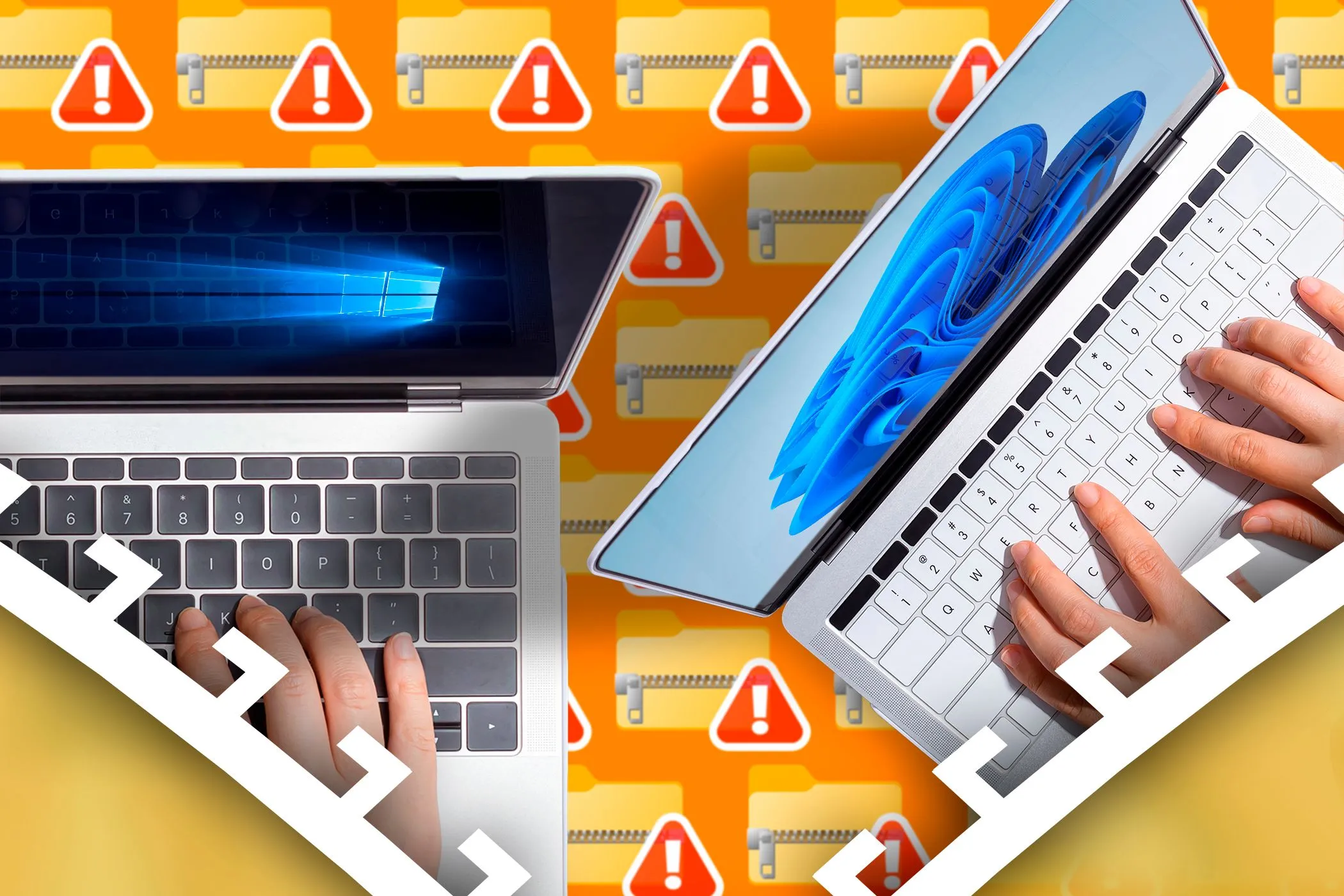 Máy tính xách tay chạy Windows 10 và Windows 11 cùng nhiều biểu tượng tệp zip với cảnh báo trong nền, minh họa rủi ro hỏng file backup.