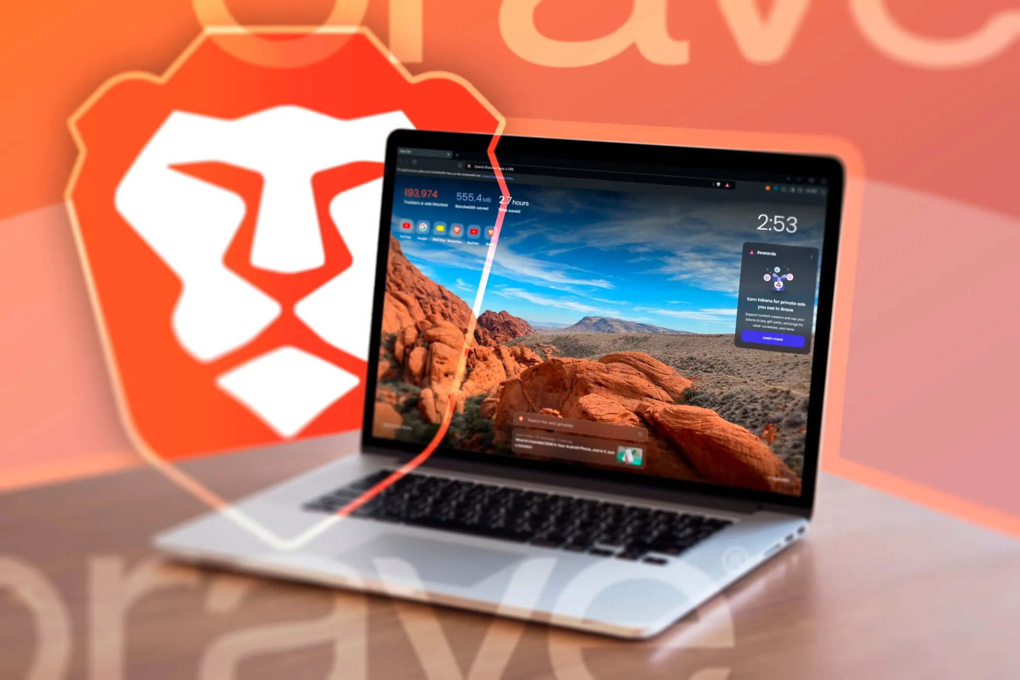 Máy tính xách tay với trình duyệt Brave đang mở và logo Brave ở nền
