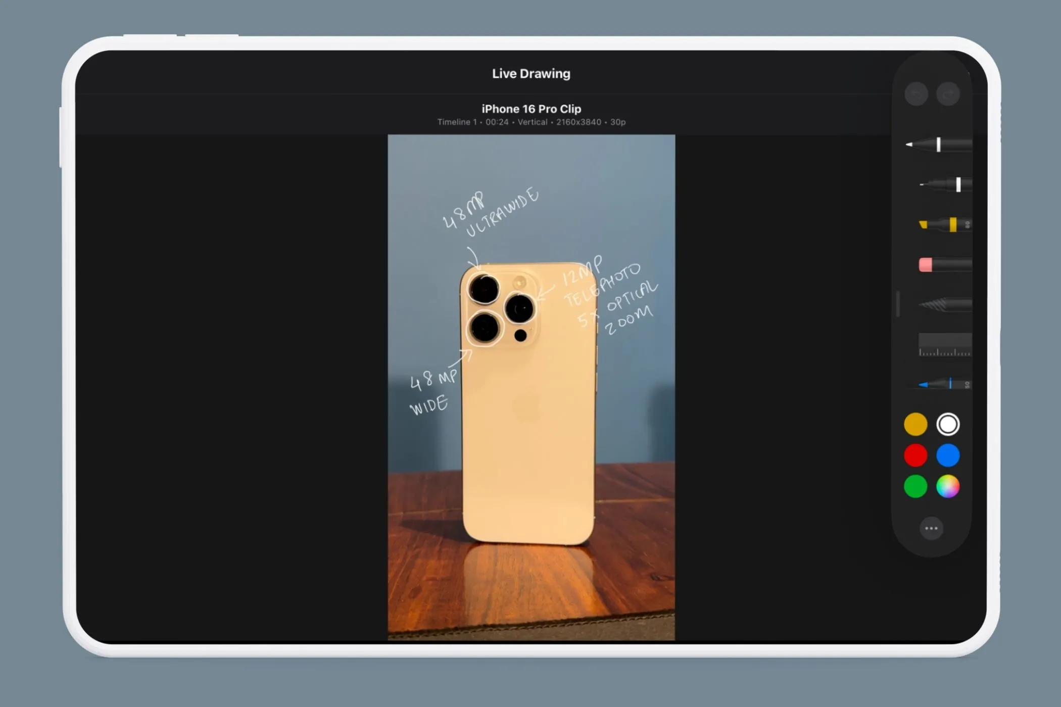 Menu các công cụ vẽ Live Drawing trong Final Cut Pro trên iPad với nhiều lựa chọn bút
