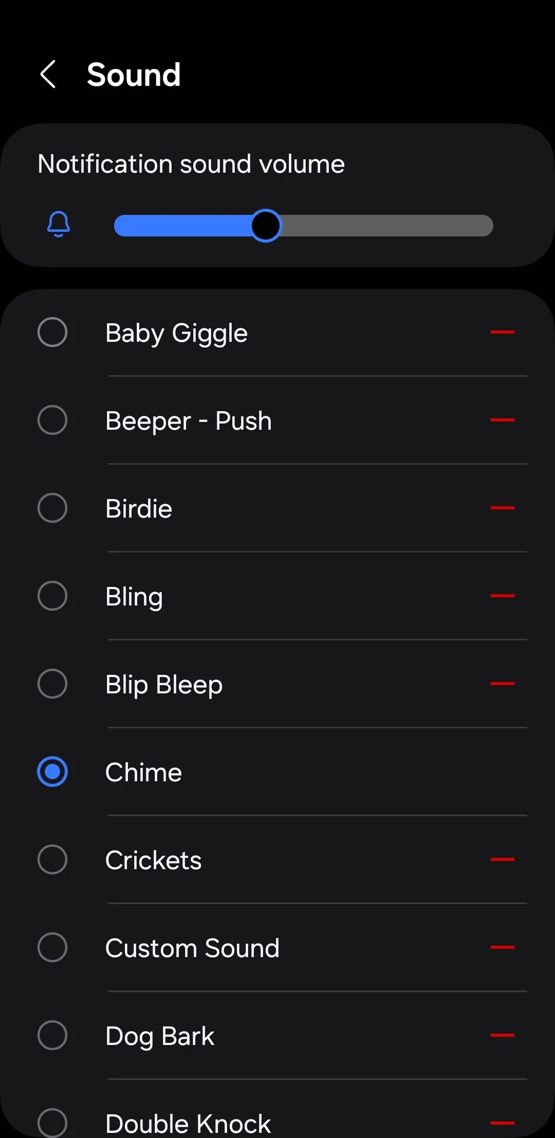 Menu cài đặt âm thanh thông báo trên Android, cho phép tùy chỉnh nhạc chuông và âm báo ứng dụng