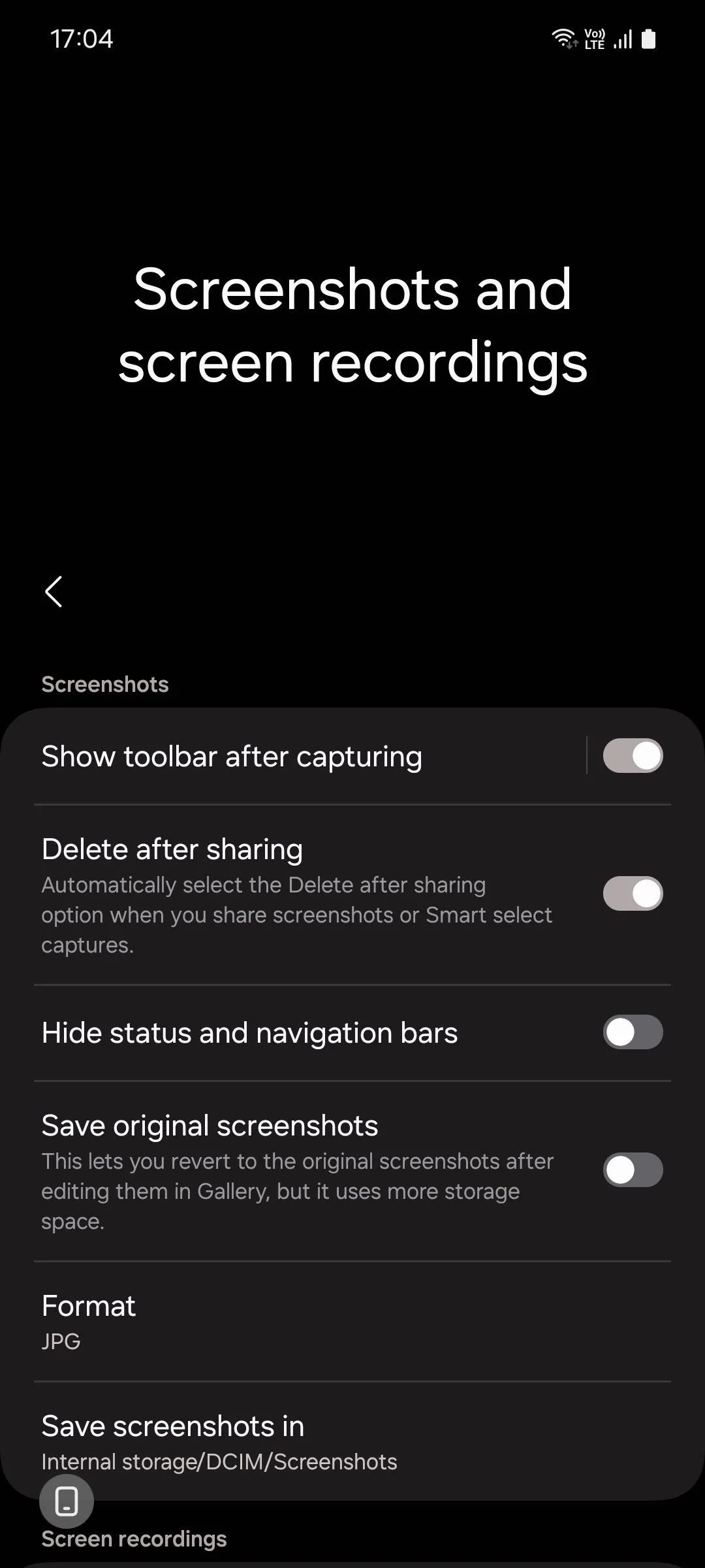 Menu cài đặt ảnh chụp màn hình trên Samsung One UI 6.1 hiển thị tùy chọn "Xóa sau khi chia sẻ"