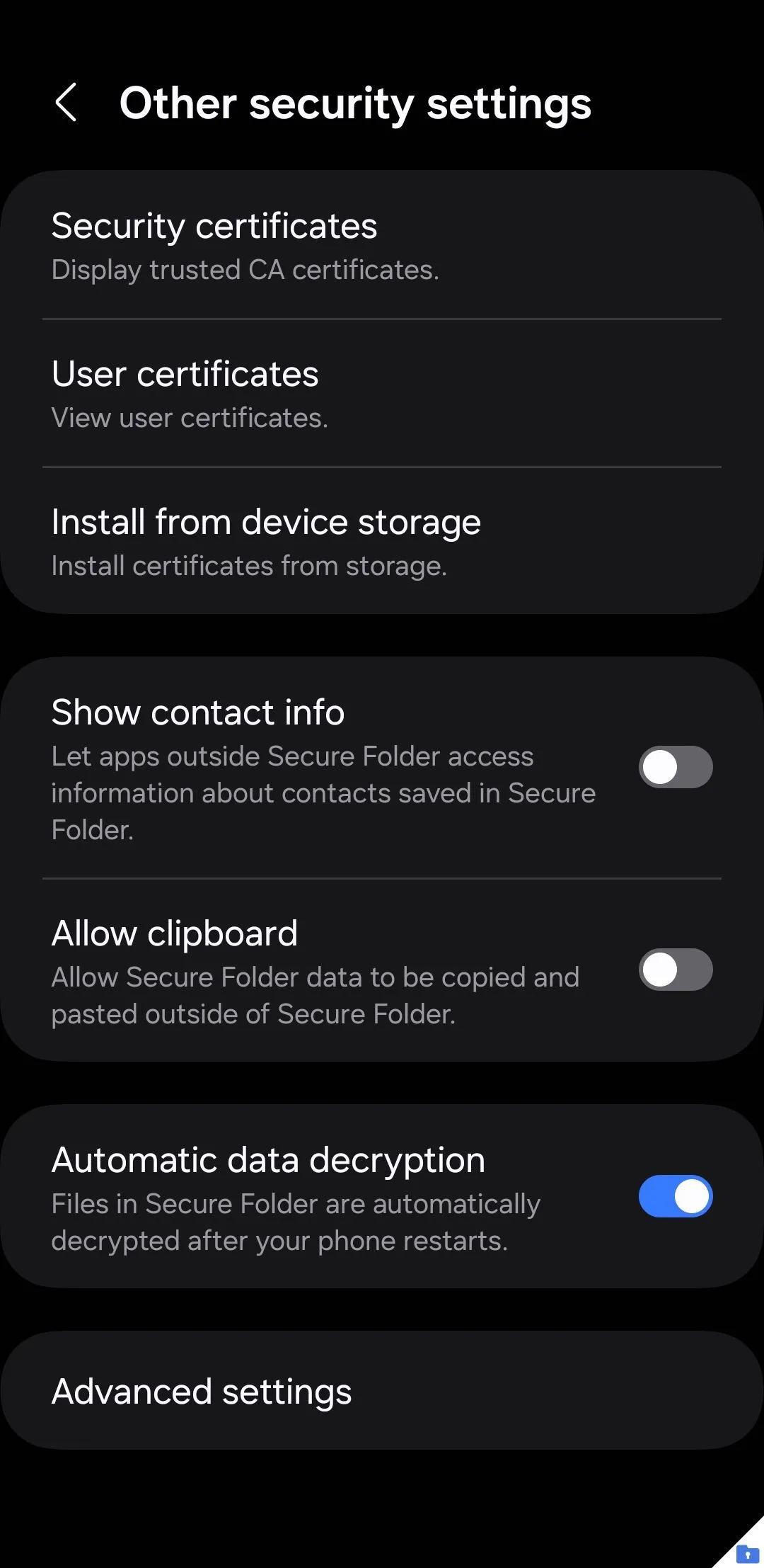 Menu cài đặt bảo mật Thư mục Bảo mật trên điện thoại Samsung