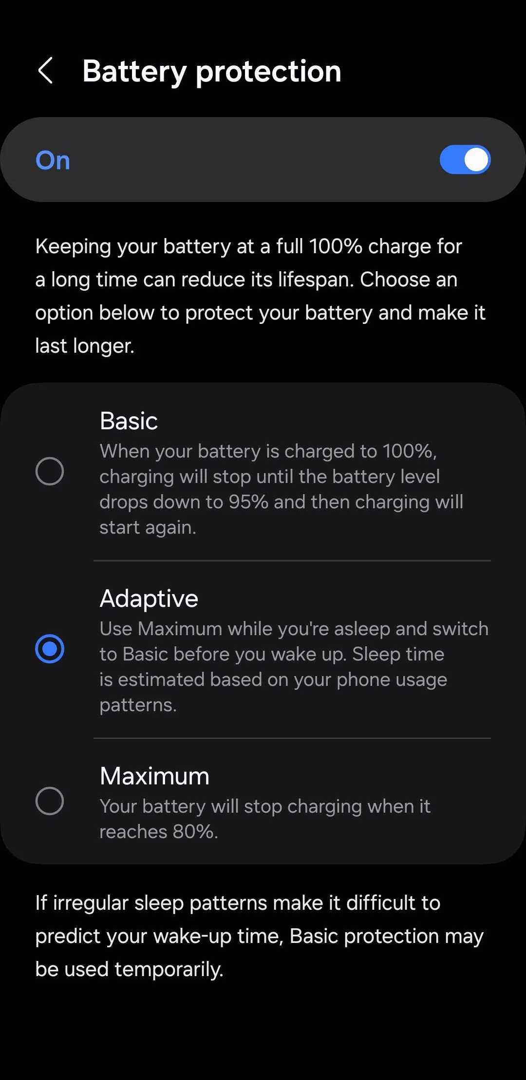 Menu cài đặt bảo vệ pin trên Android, nơi kích hoạt tính năng giới hạn sạc để kéo dài tuổi thọ pin