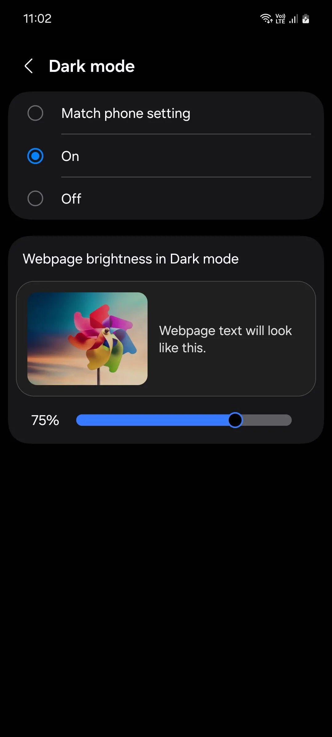 Menu cài đặt chế độ tối (Dark Mode) của trình duyệt Samsung Internet