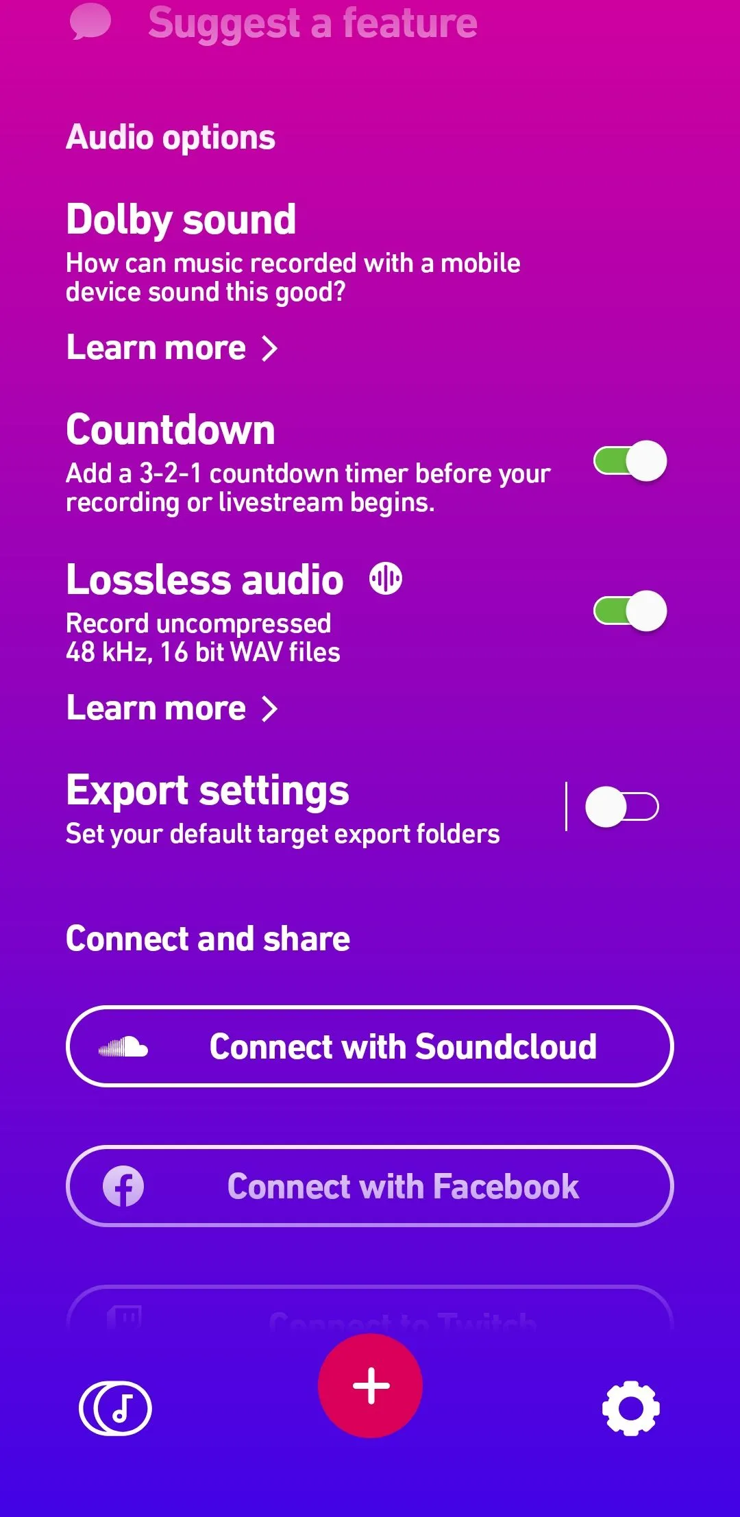Menu cài đặt của ứng dụng Dolby On, hiển thị tùy chọn bật tính năng đếm ngược ghi âm
