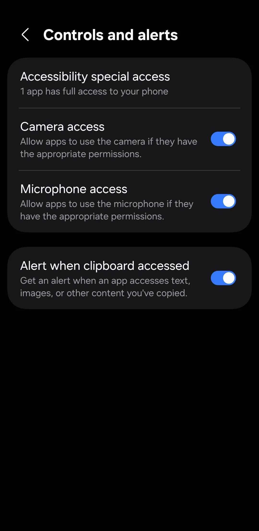 Menu Cài đặt Điều khiển và cảnh báo trên Android.