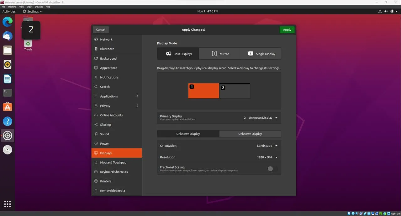 Menu cài đặt hiển thị đa màn hình trên hệ điều hành Linux