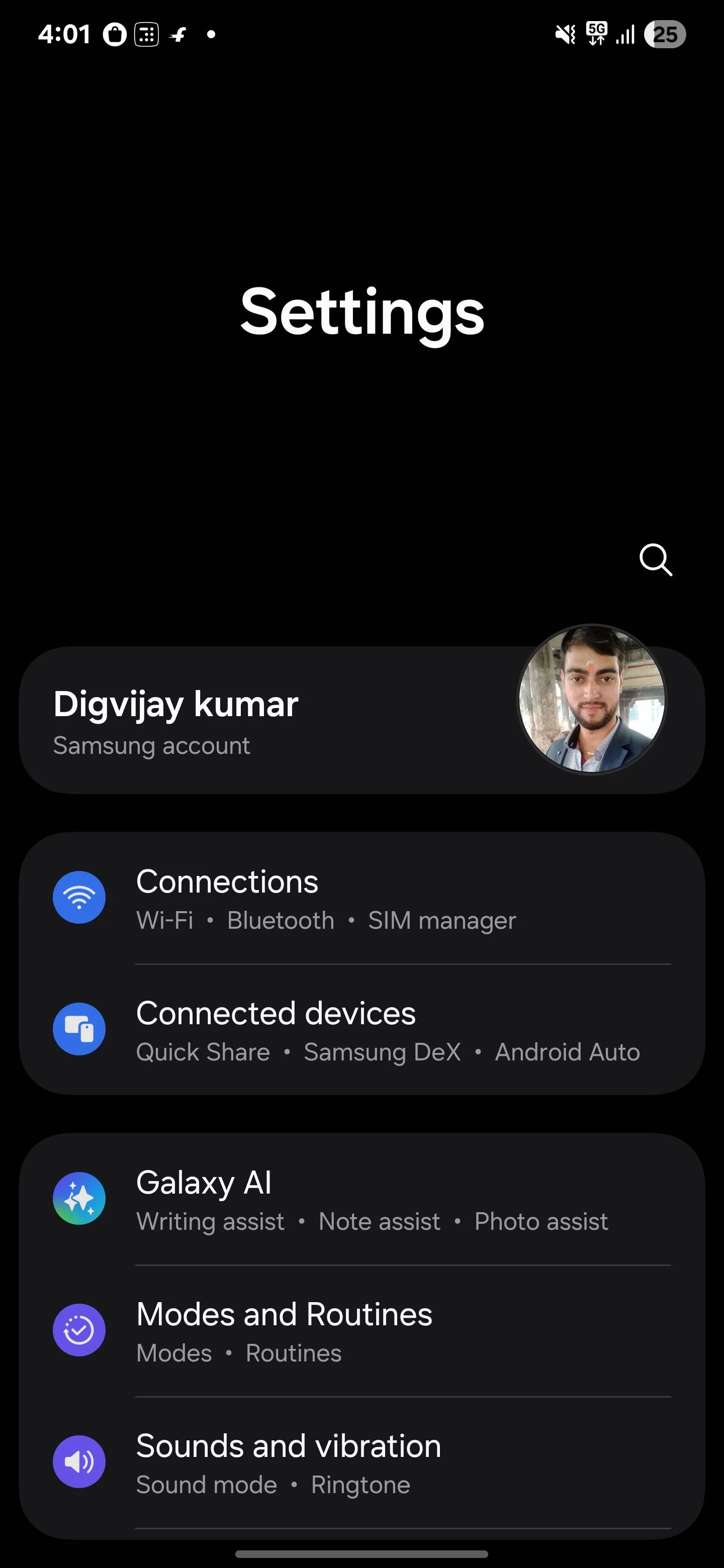 Menu Cài đặt kết nối trên điện thoại Samsung