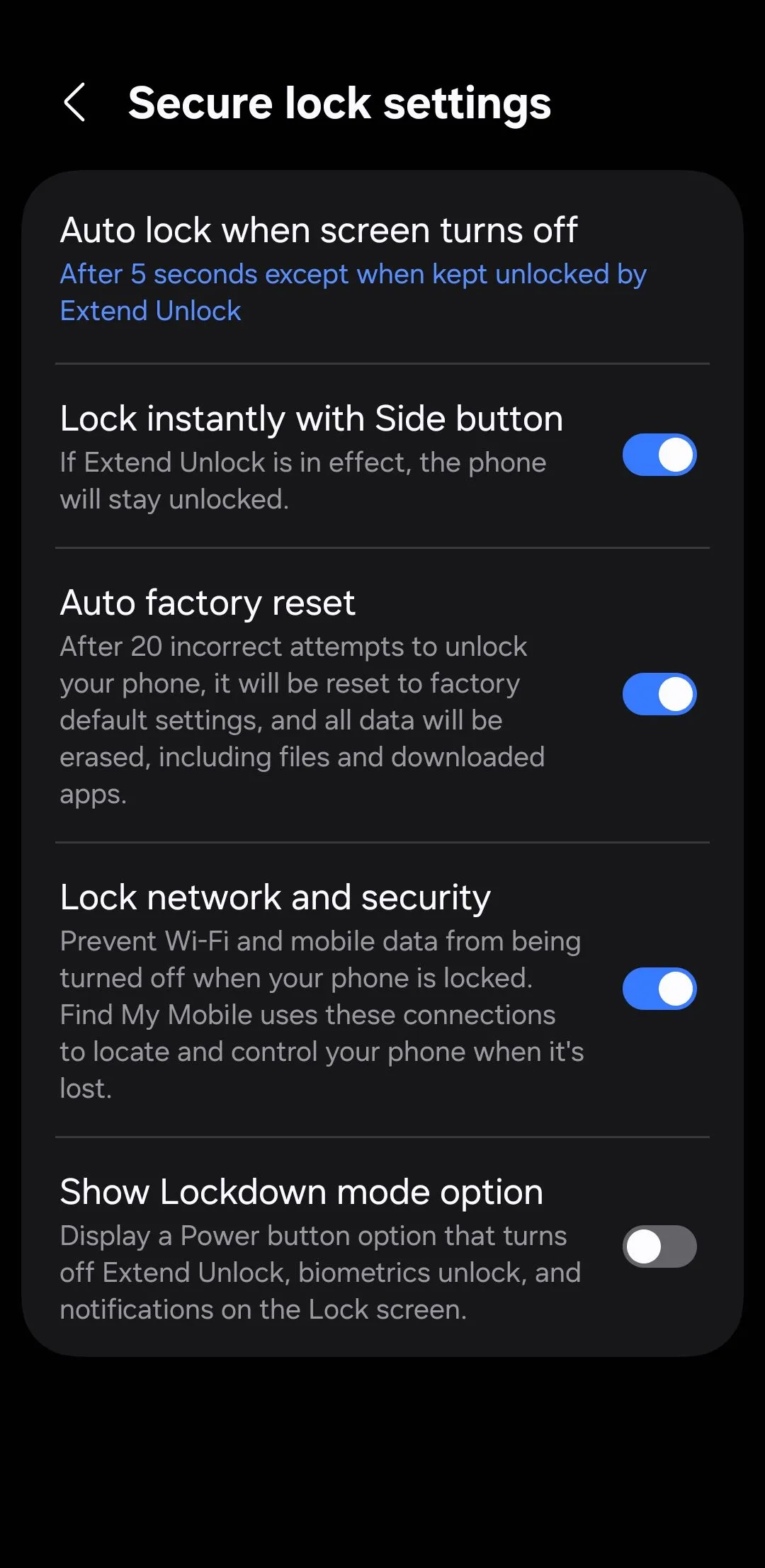 Menu cài đặt khóa an toàn trên điện thoại Android