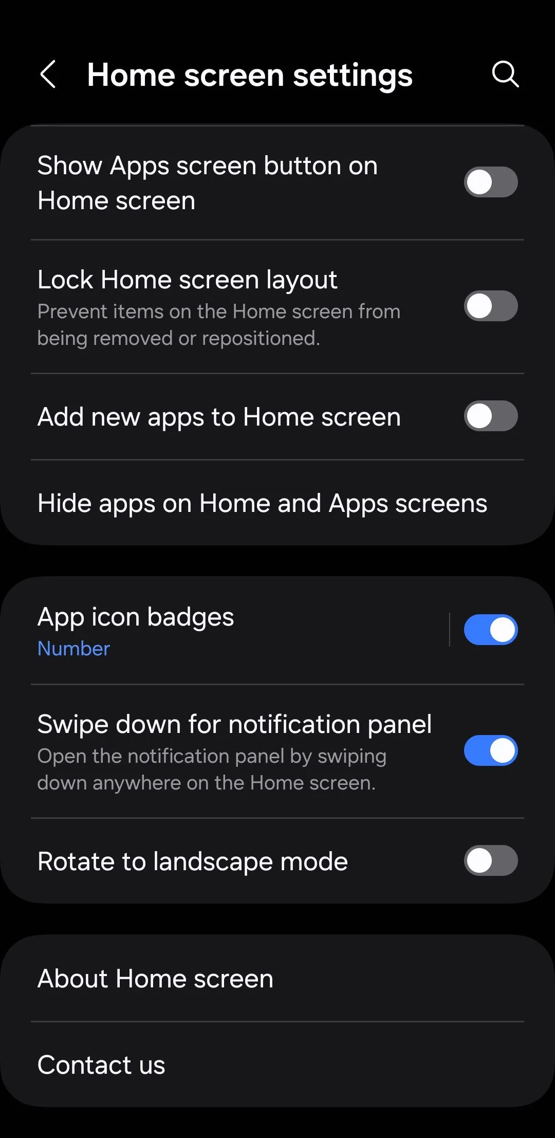 Menu cài đặt màn hình chính trên điện thoại Samsung hiển thị tùy chọn ẩn ứng dụng