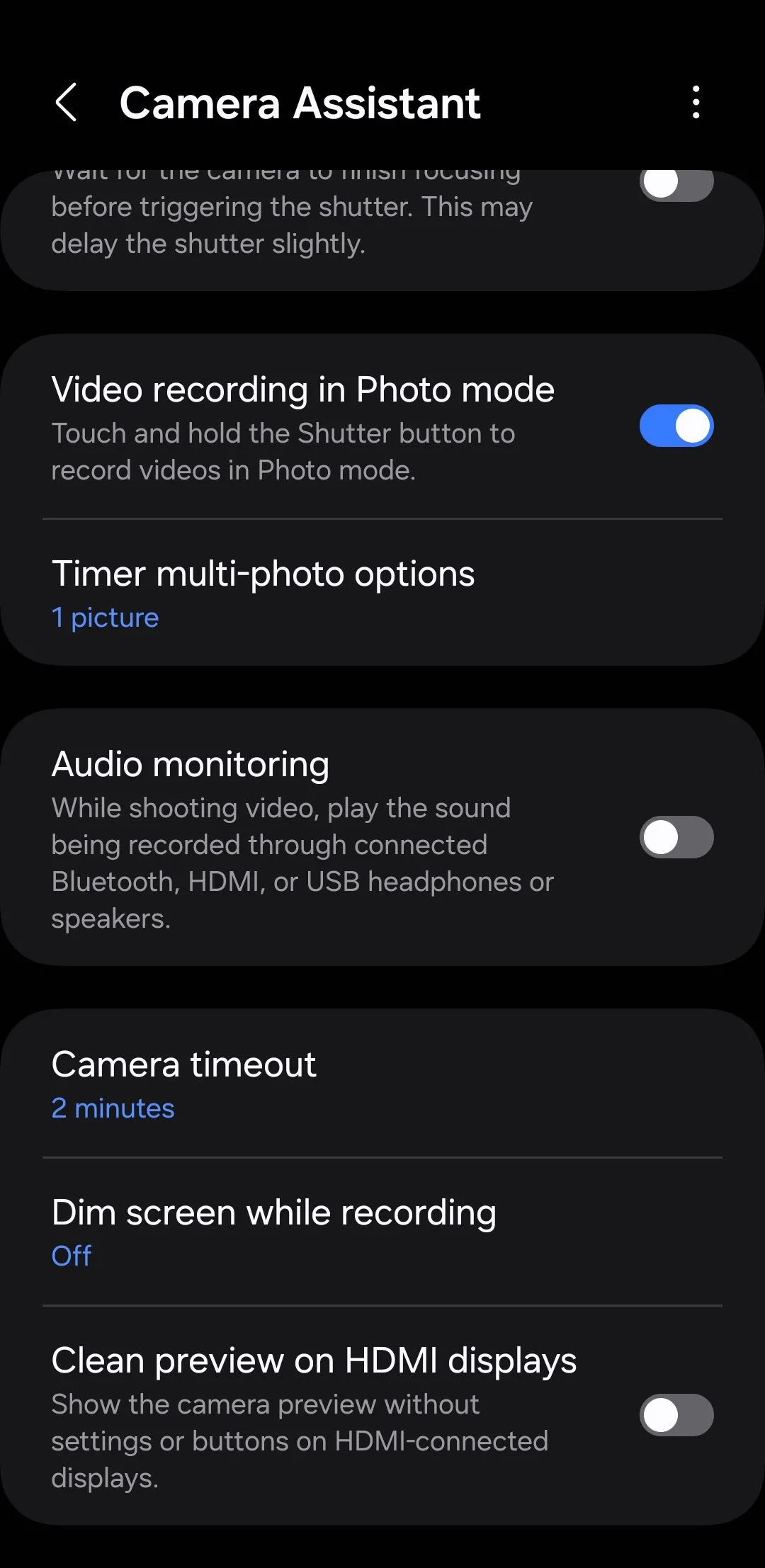 Menu cài đặt module Camera Assistant trên điện thoại Samsung