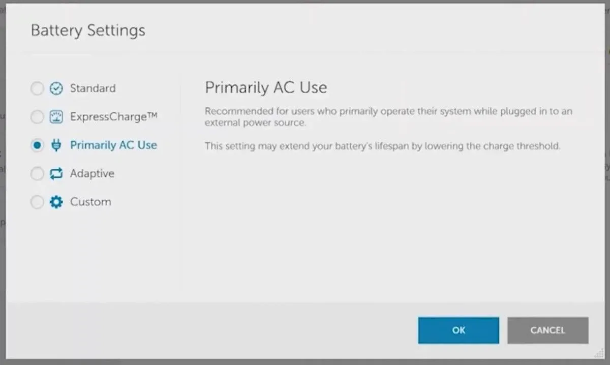 Menu cài đặt pin trong ứng dụng Dell Power Manager với tùy chọn Primarily AC Use