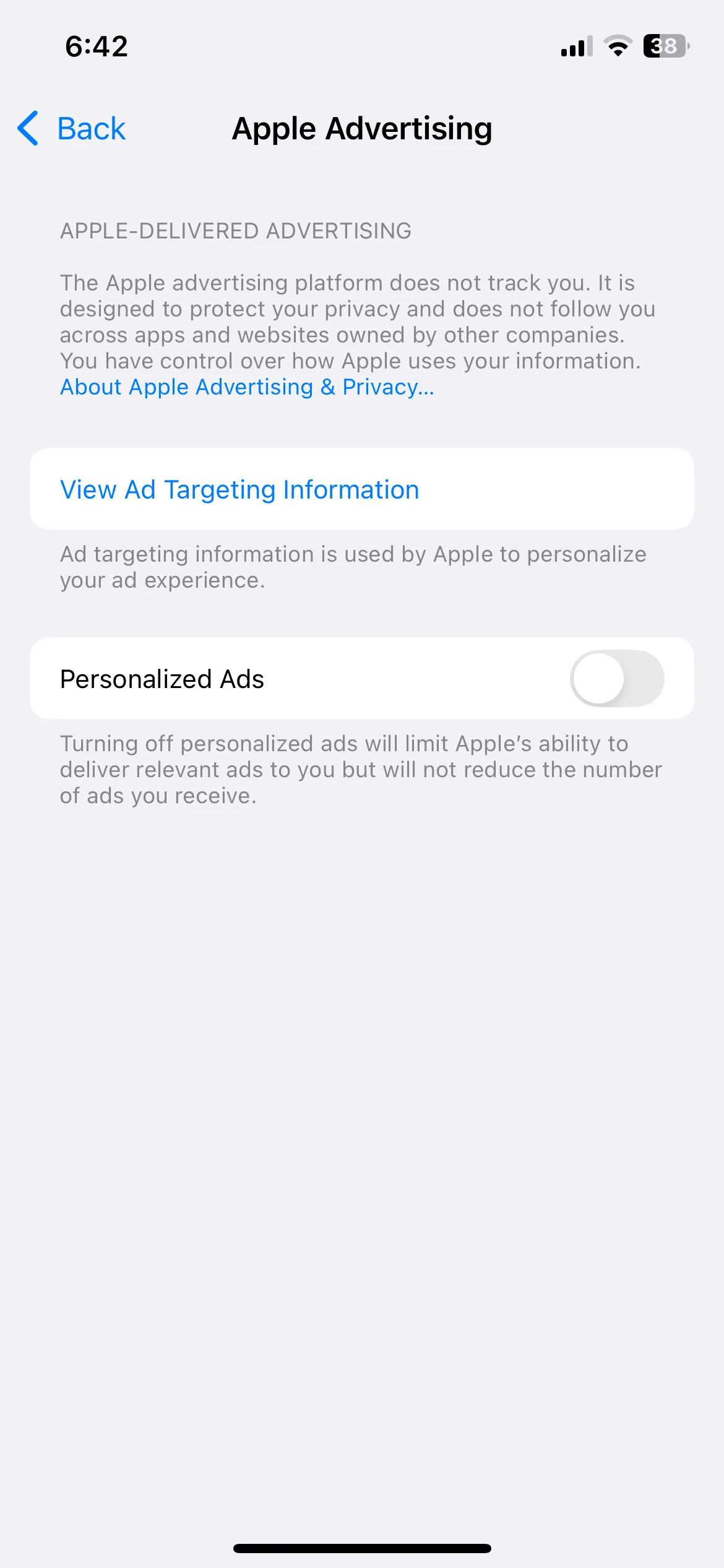 Menu cài đặt quảng cáo và phân tích dữ liệu trong ứng dụng Cài đặt iPhone