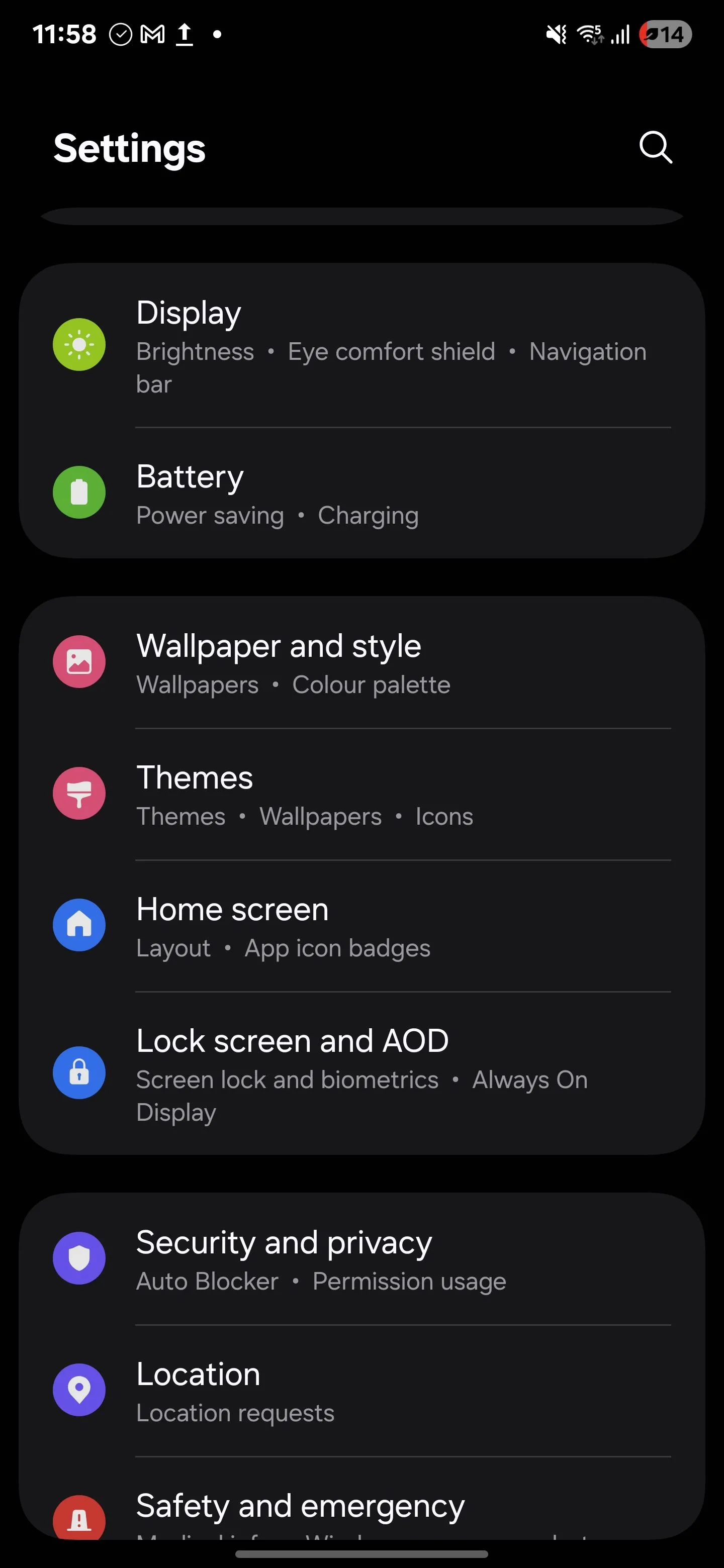Menu Cài đặt (Settings) trên điện thoại Samsung Galaxy S25 Ultra
