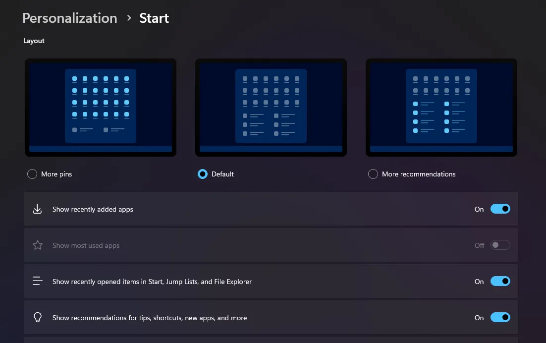 Menu cài đặt Start trong Windows 11, hiển thị các tùy chọn cá nhân hóa như gợi ý ứng dụng và mục gần đây.