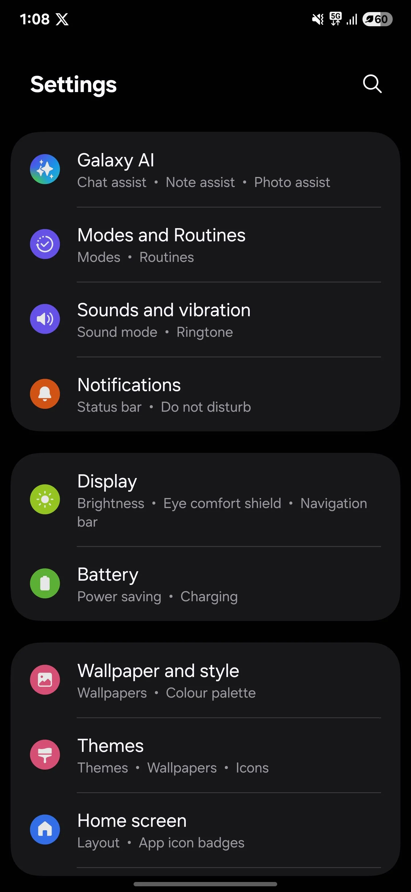 Menu Cài đặt trên Samsung Galaxy S25 Ultra, hiển thị tùy chọn Pin