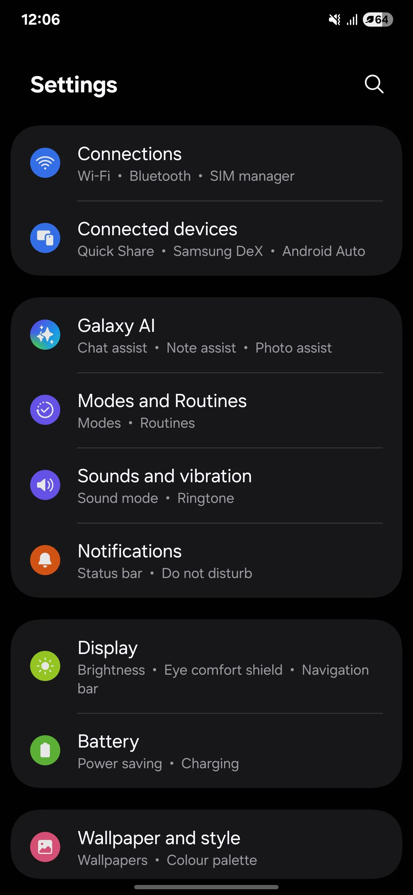 Menu cài đặt trên Samsung S25 Ultra