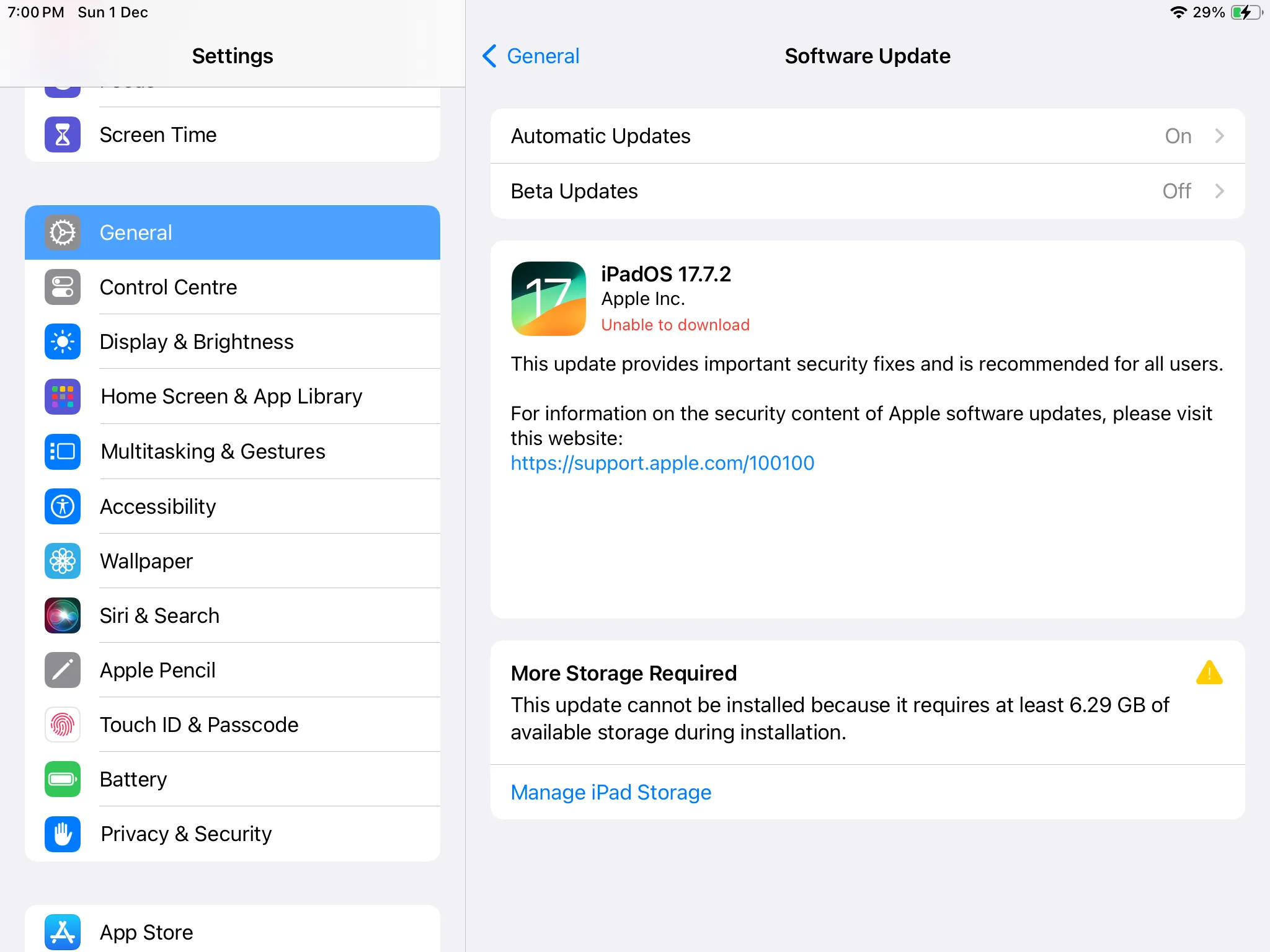 Menu cập nhật phần mềm iPadOS với phiên bản iPadOS 17 mới có sẵn