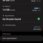Menu Chăm sóc thiết bị Samsung One UI hiển thị tùy chọn "Tự động tối ưu" để khởi động lại điện thoại định kỳ.
