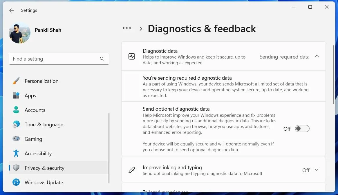 Menu Chẩn đoán và phản hồi trong Cài đặt Windows 11