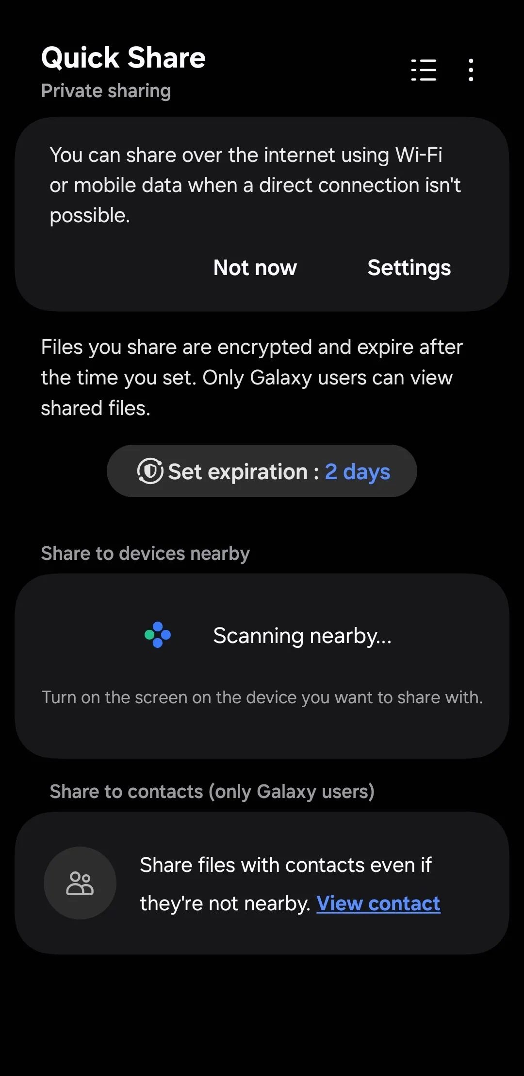 Menu chia sẻ riêng tư trên điện thoại Samsung Galaxy