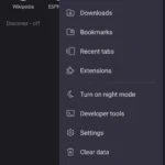 Menu chính của Kiwi Browser trên Android với tùy chọn "Extensions"