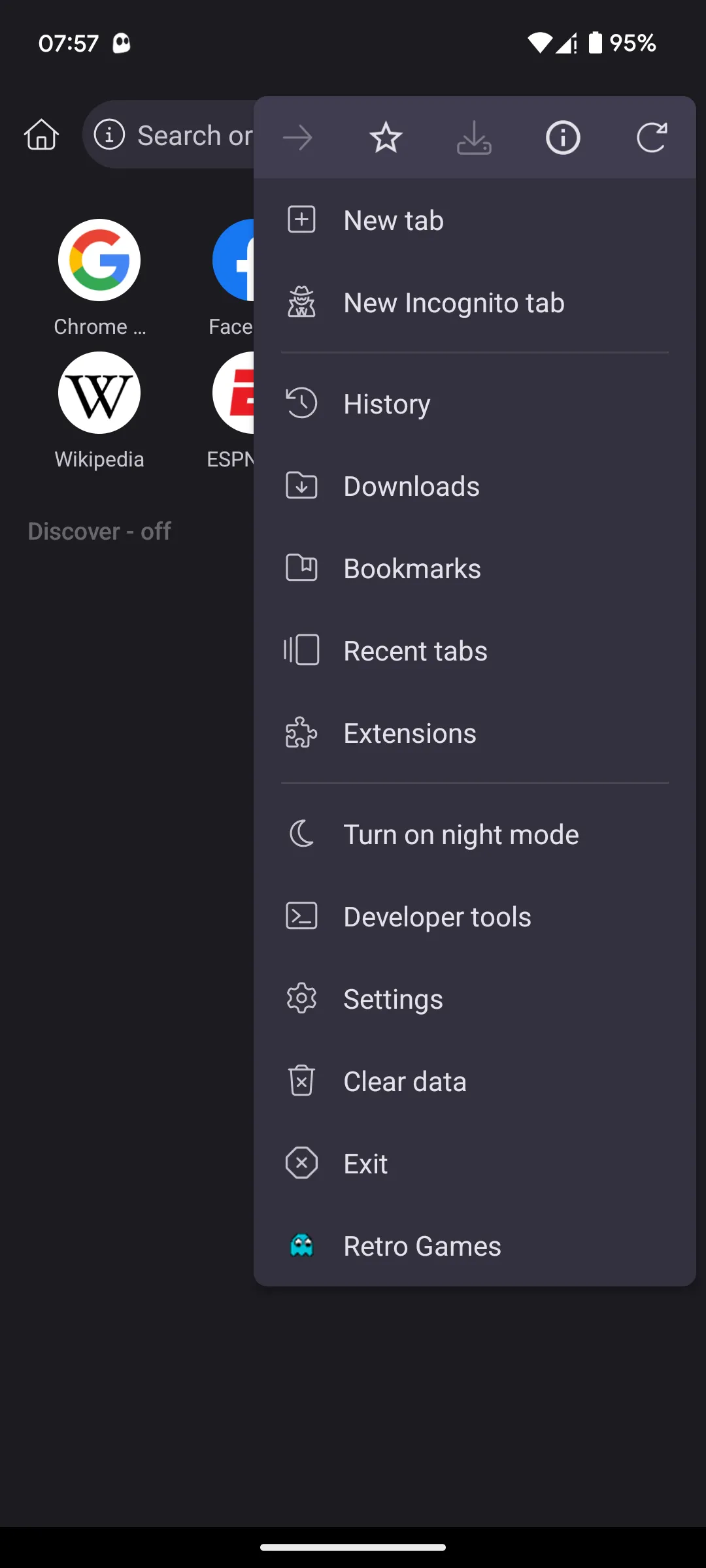 Menu chính của Kiwi Browser trên Android với tùy chọn "Extensions"