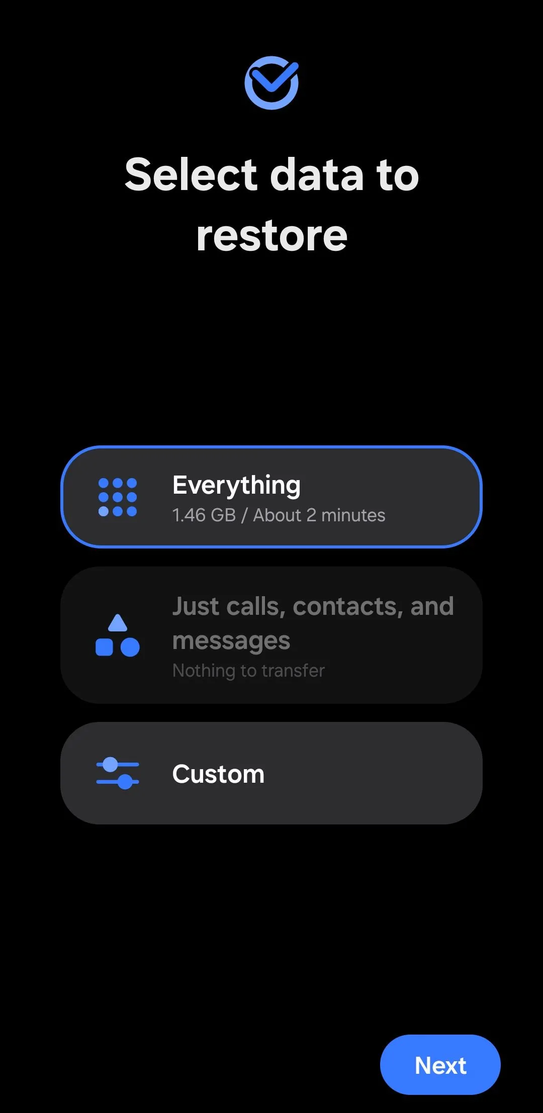 Menu chọn dữ liệu để khôi phục hiển thị trên điện thoại Samsung