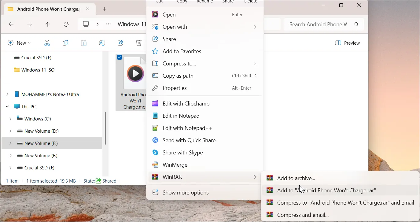 Menu chuột phải File Explorer hiển thị tùy chọn WinRAR Add to archive