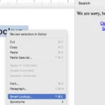 Menu chuột phải trong Microsoft Word hiển thị tùy chọn Smart Lookup trước khi bị vô hiệu hóa