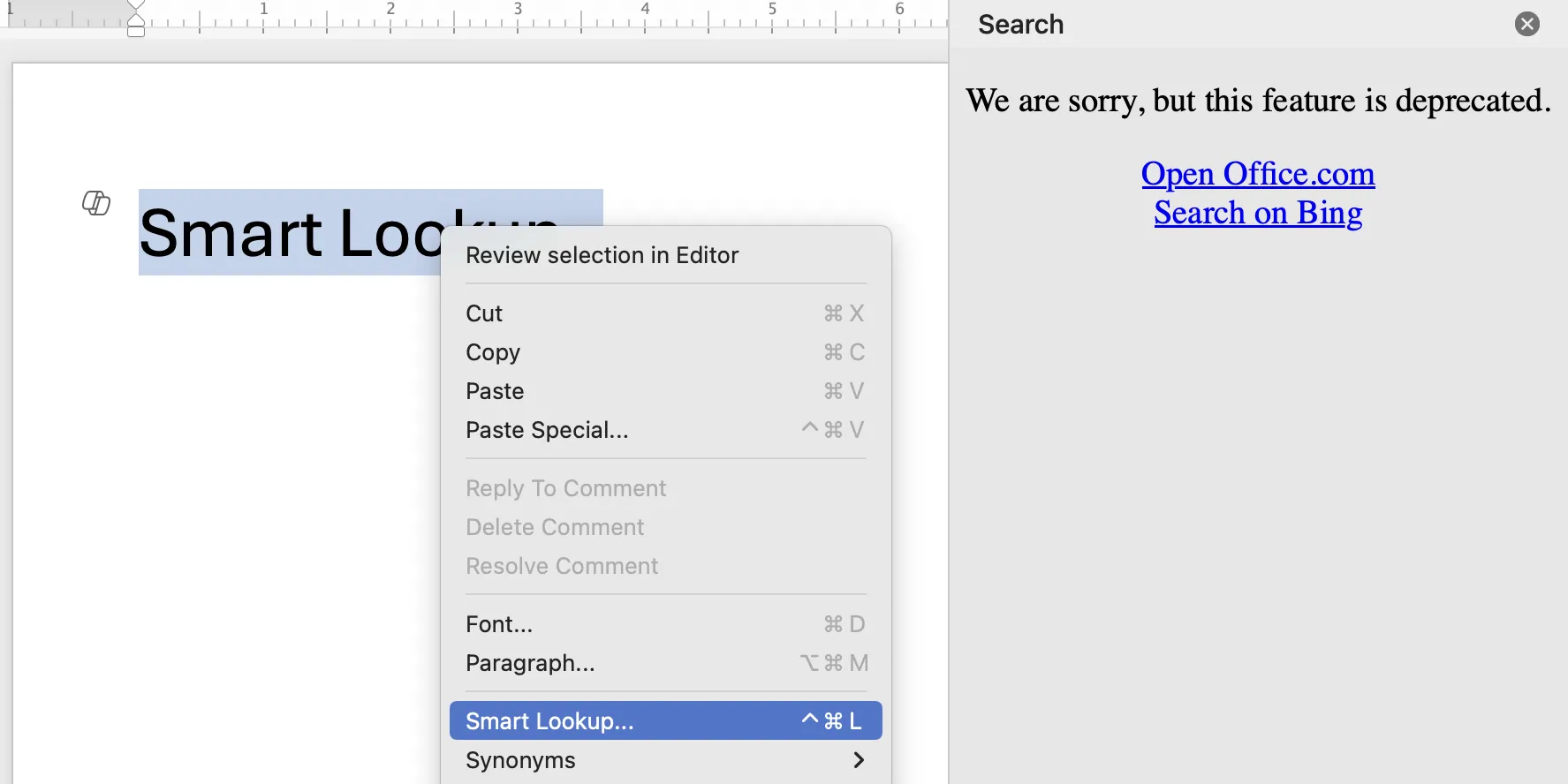 Menu chuột phải trong Microsoft Word hiển thị tùy chọn Smart Lookup trước khi bị vô hiệu hóa
