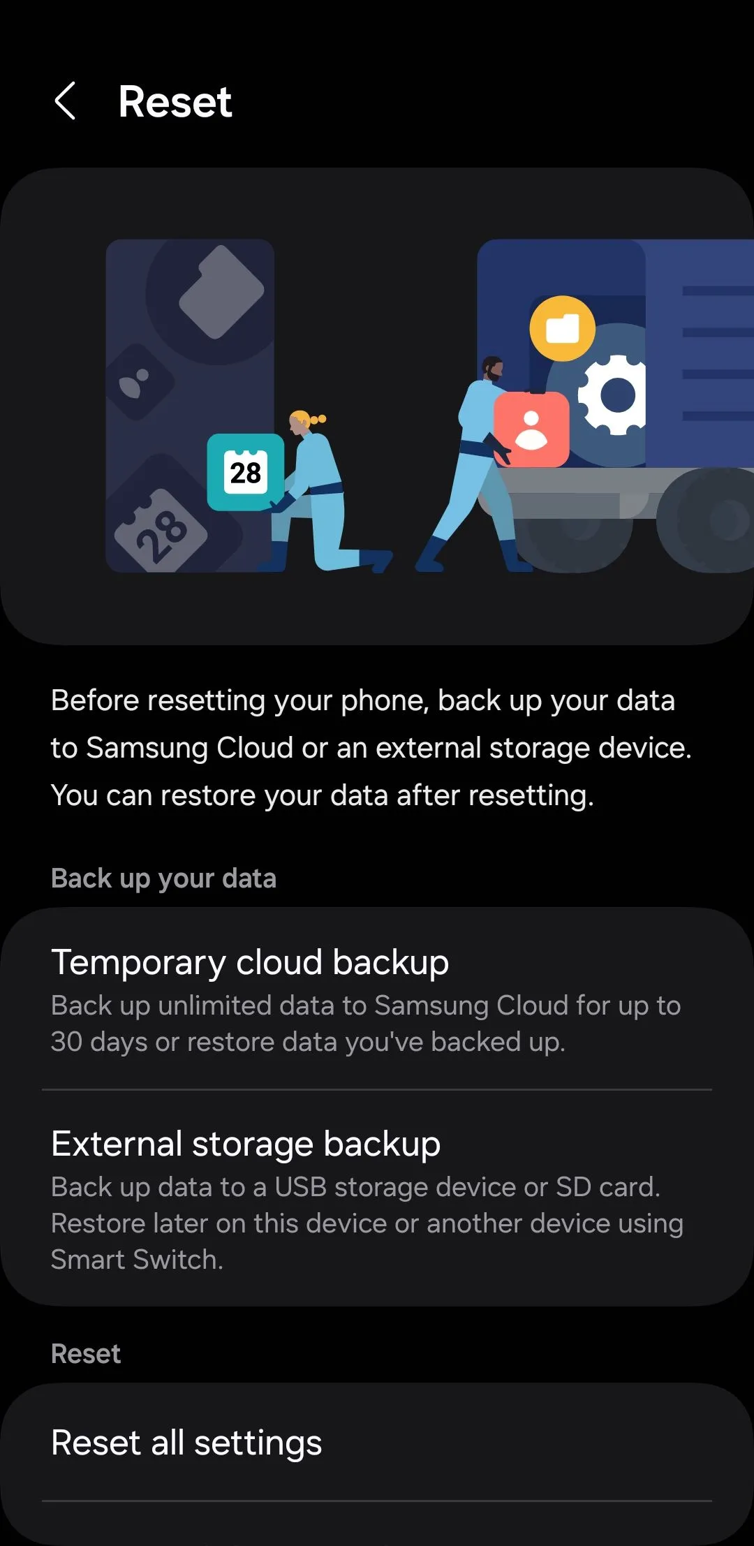 Menu 'Đặt lại' trong cài đặt điện thoại Samsung