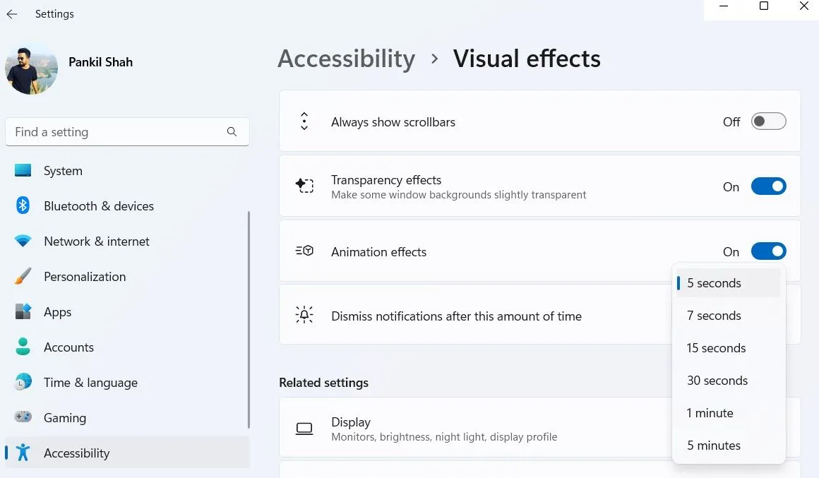Menu điều chỉnh thời gian biến mất thông báo trong cài đặt Windows 11