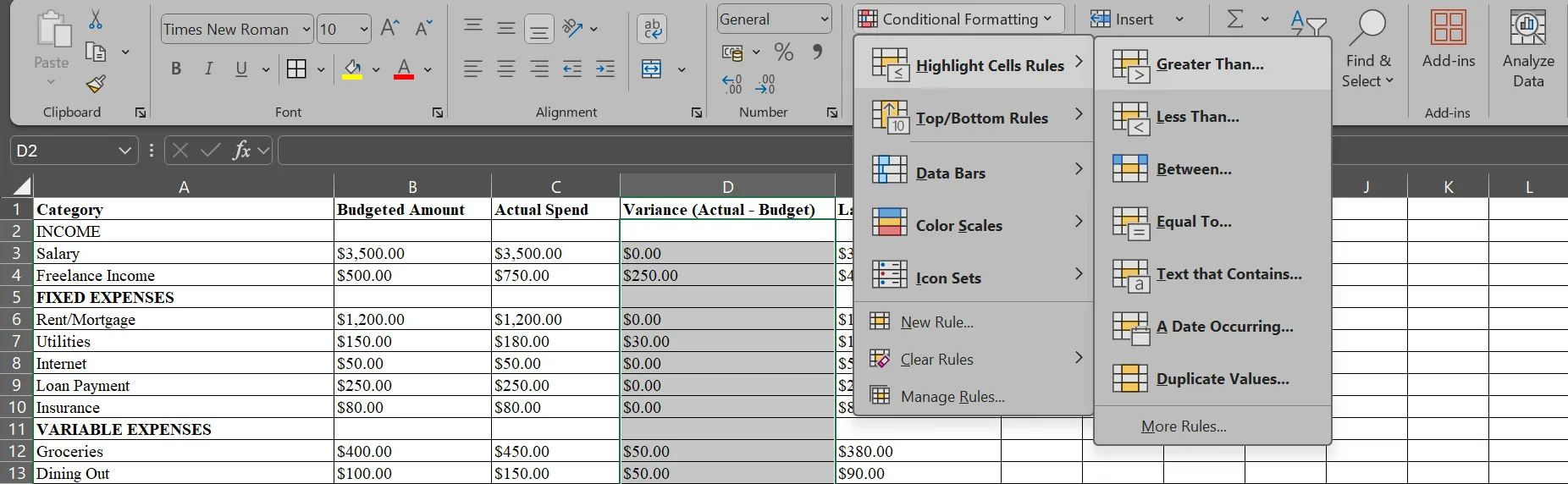 Menu Định dạng có Điều kiện hiển thị trên bảng tính ngân sách trong Microsoft Excel