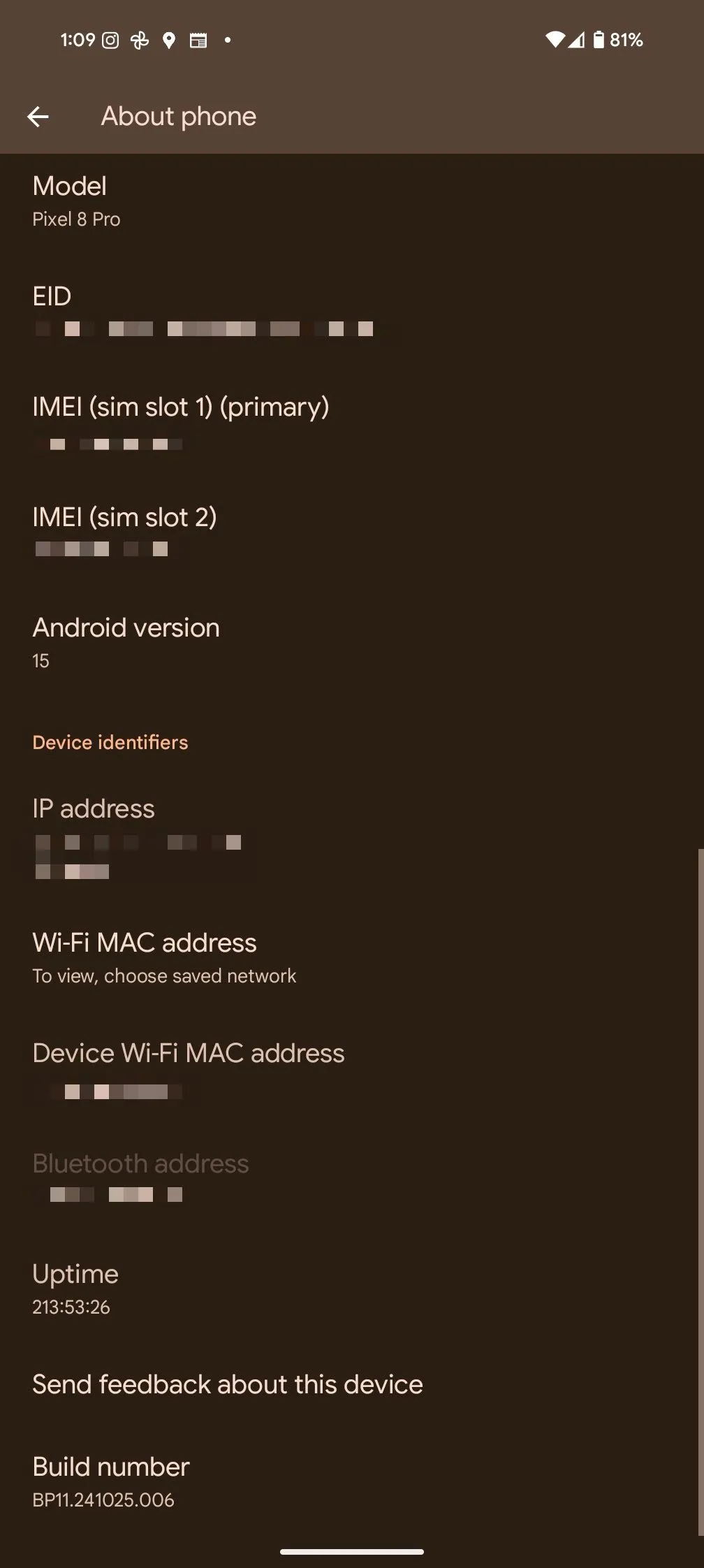 Menu Giới thiệu điện thoại trên Pixel 8 Pro hiển thị Số bản dựng để bật Tùy chọn nhà phát triển.