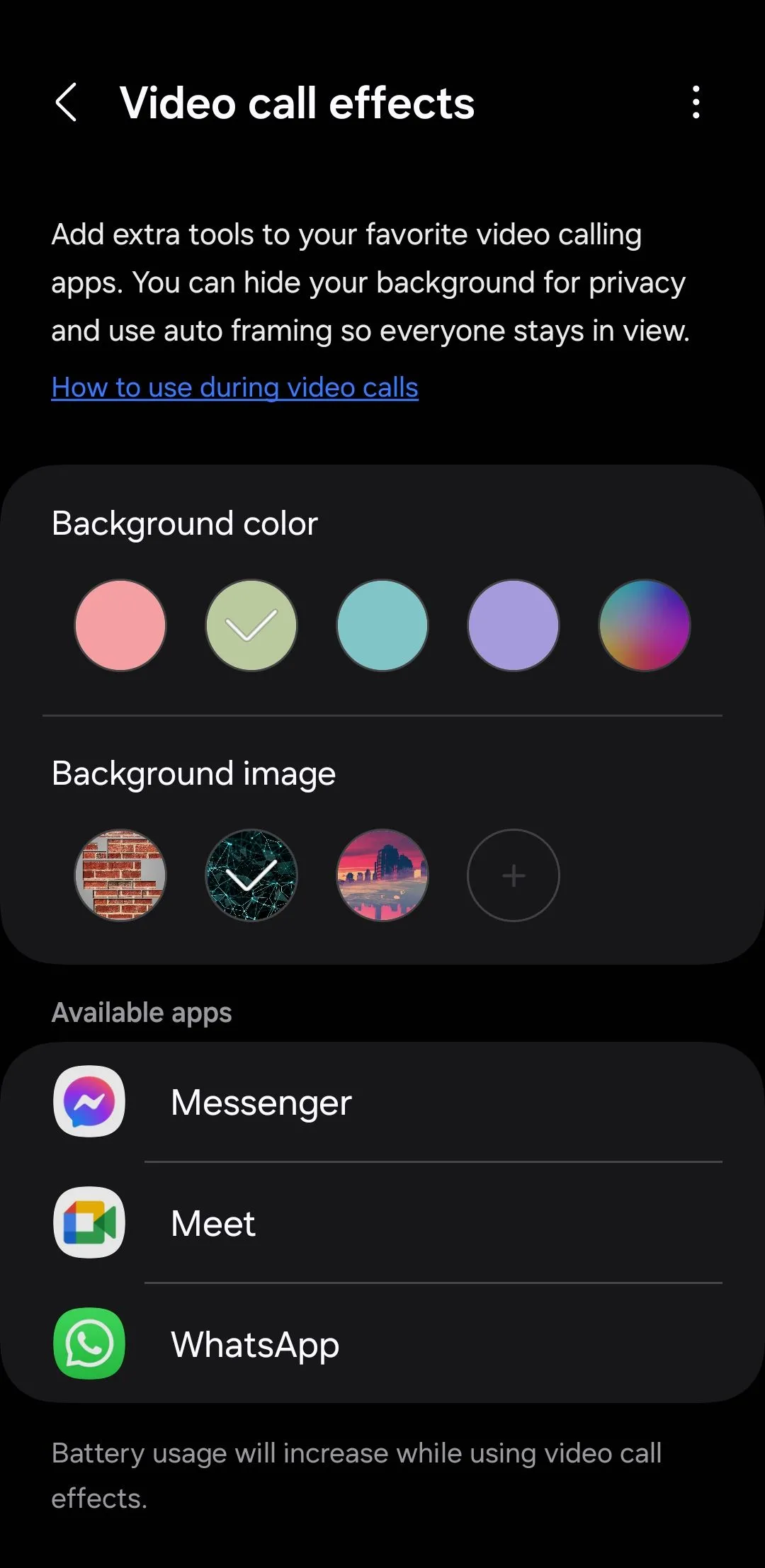 Menu hiệu ứng cuộc gọi video tích hợp trên điện thoại Samsung Galaxy