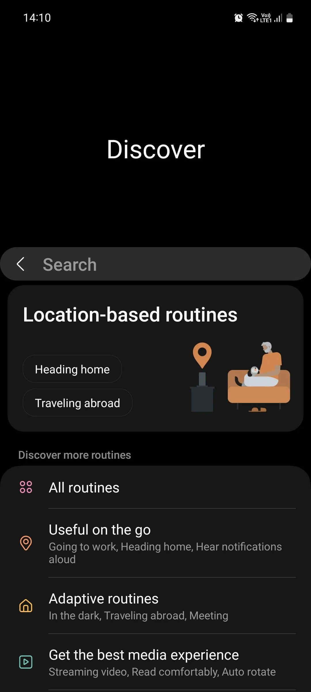 Menu Khám phá trong Samsung Modes and Routines, nơi người dùng có thể tìm các gợi ý thiết lập tự động hóa