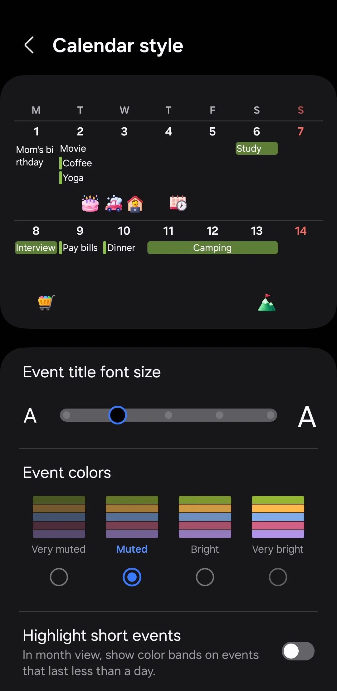 Menu kiểu lịch trong ứng dụng Lịch Samsung