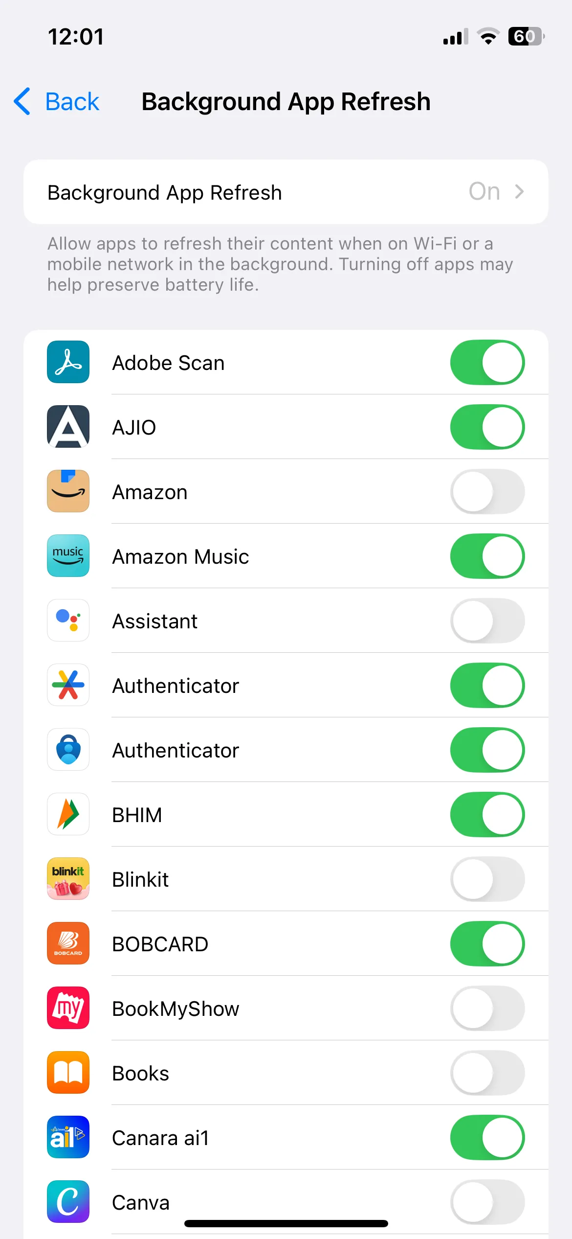 Menu Làm mới ứng dụng nền trên iPhone