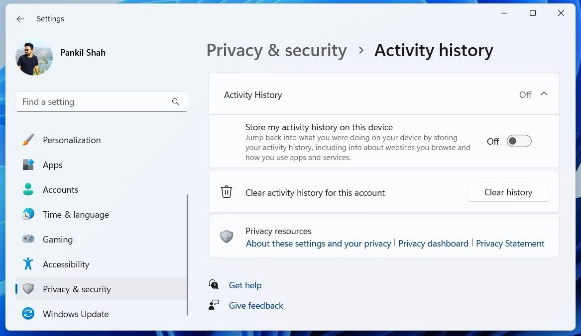 Menu Lịch sử Hoạt động trong ứng dụng Cài đặt của Windows 11