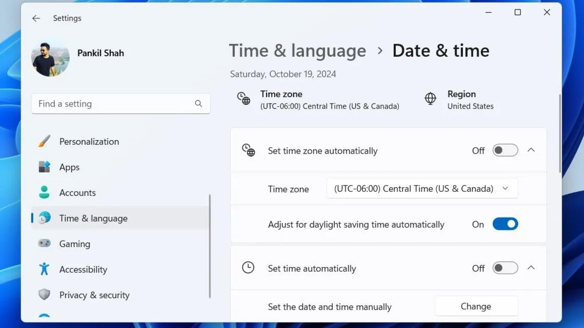 Menu Ngày và Giờ trong ứng dụng Cài đặt Windows 11