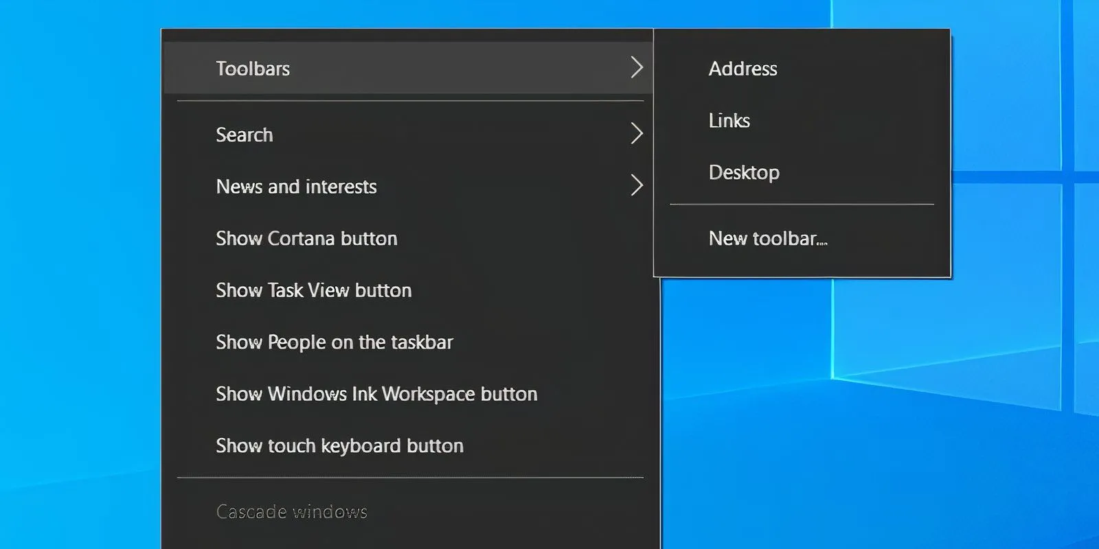Menu ngữ cảnh của Taskbar Windows 10 với tùy chọn Thanh công cụ (Toolbars) được chọn để bật Links.