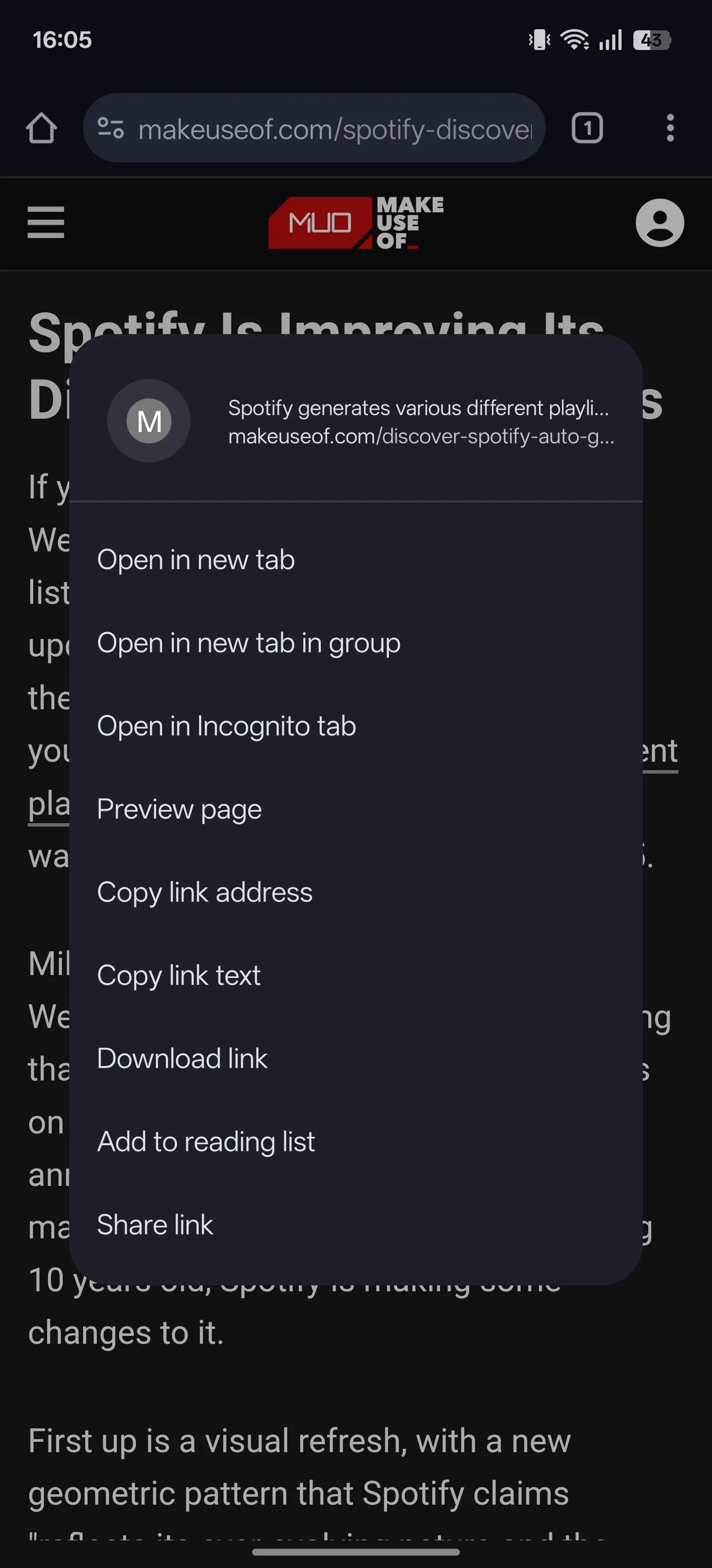Menu ngữ cảnh hiển thị tùy chọn &quot;Xem trước trang&quot; (Preview page) khi nhấn giữ vào một liên kết trên Chrome Android.