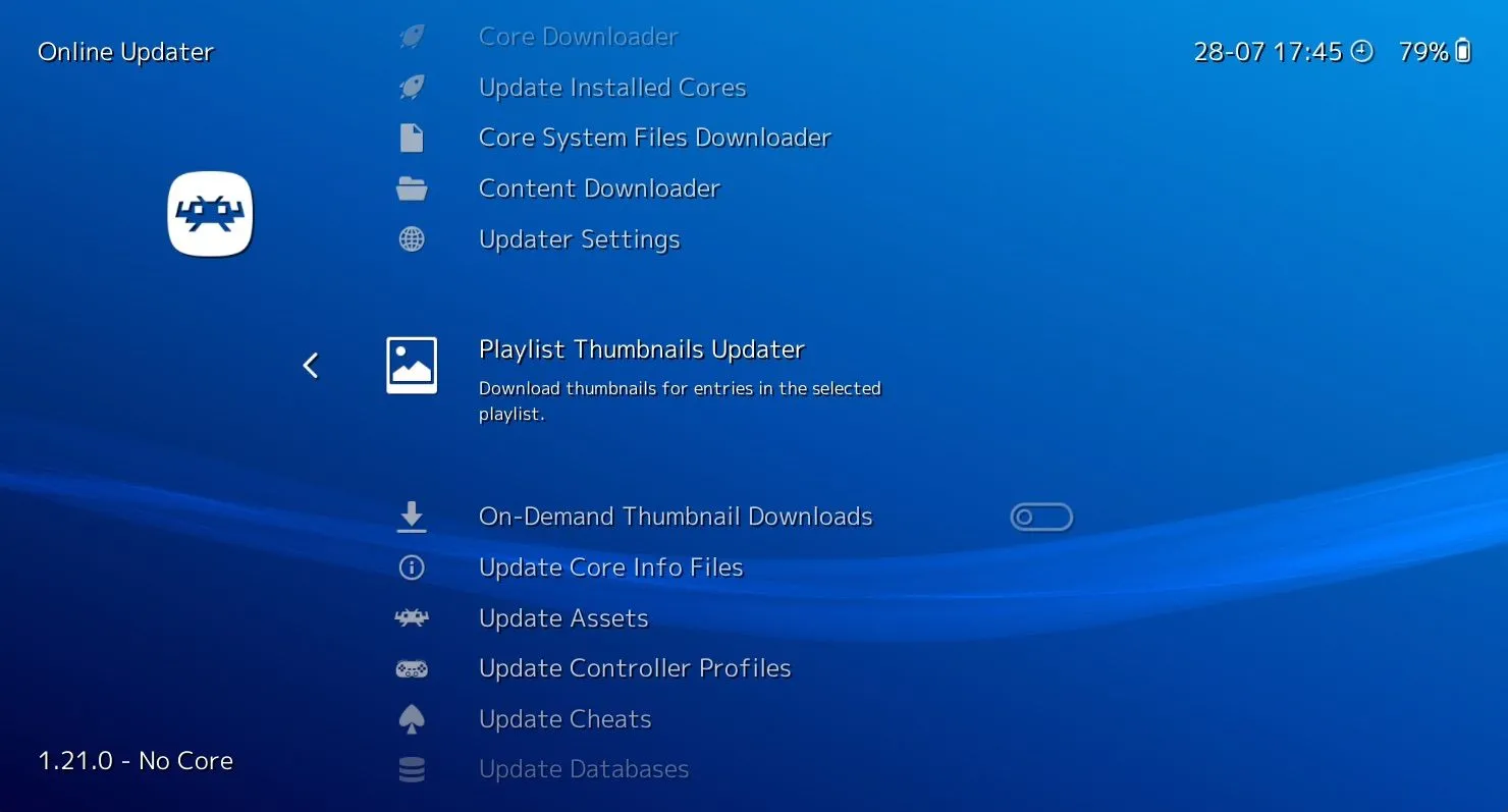 Menu Online Updater của RetroArch với tùy chọn tải hình thu nhỏ (thumbnail) cho các tựa game