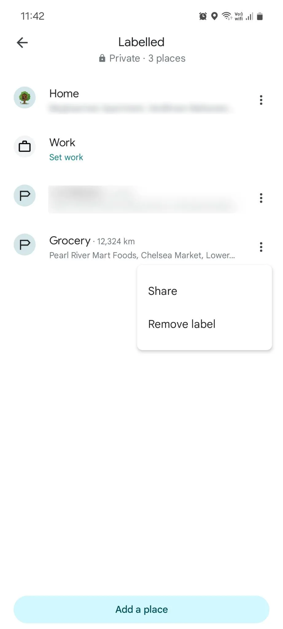 Menu quản lý các địa điểm đã gắn nhãn trong Google Maps hiển thị tùy chọn chia sẻ, xóa hoặc thêm vị trí mới