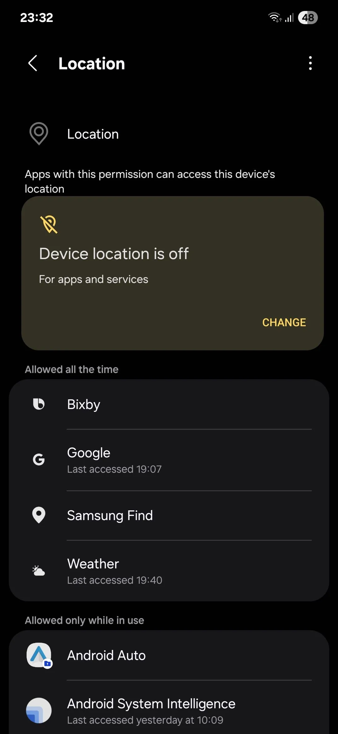 Menu quyền truy cập vị trí trên Samsung