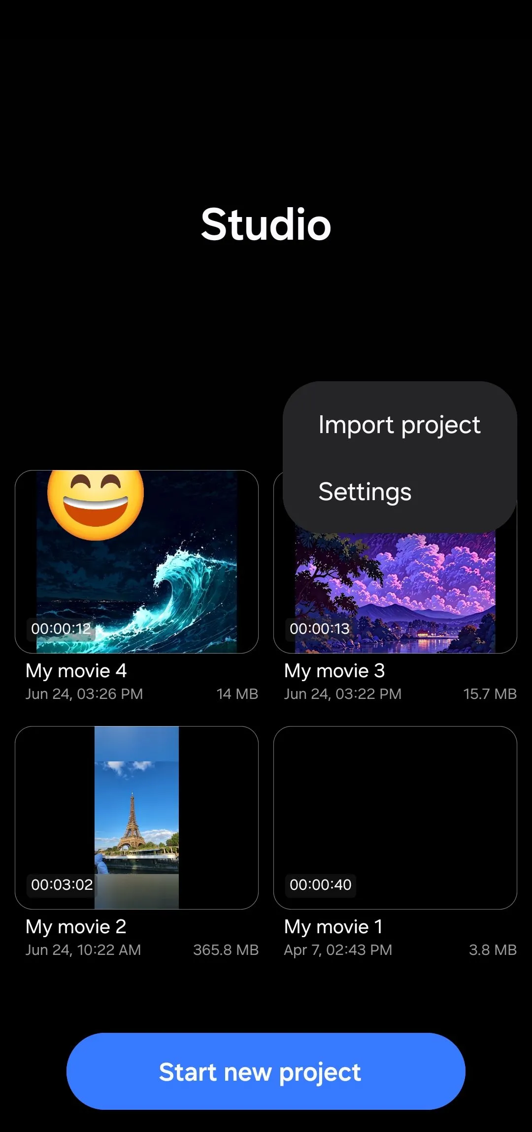 Menu Samsung Studio trên điện thoại Samsung Galaxy, hiển thị tùy chọn Go to Studio từ ứng dụng Bộ sưu tập