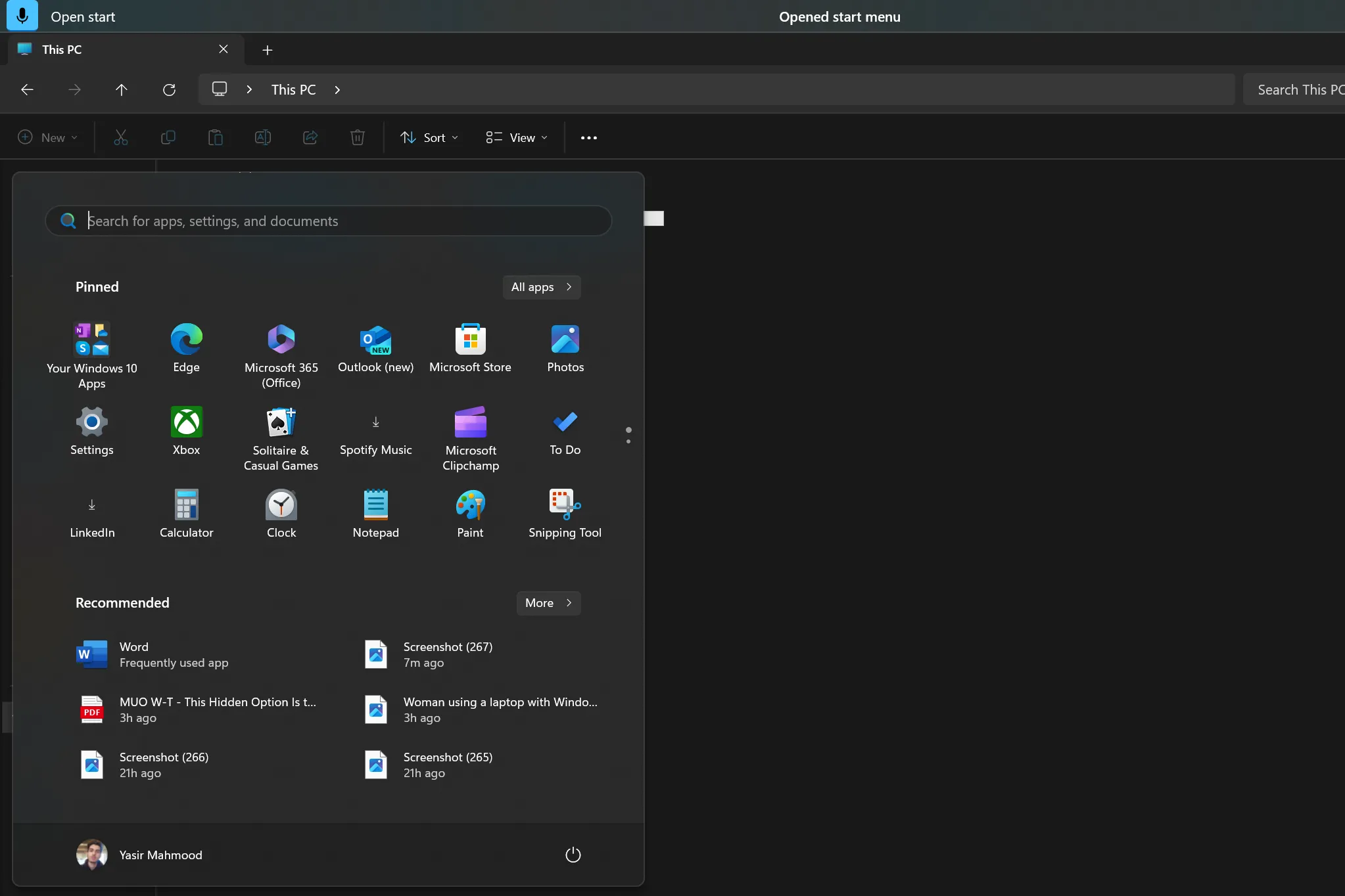 menu Start Windows 11 được mở bằng lệnh giọng nói Voice Access