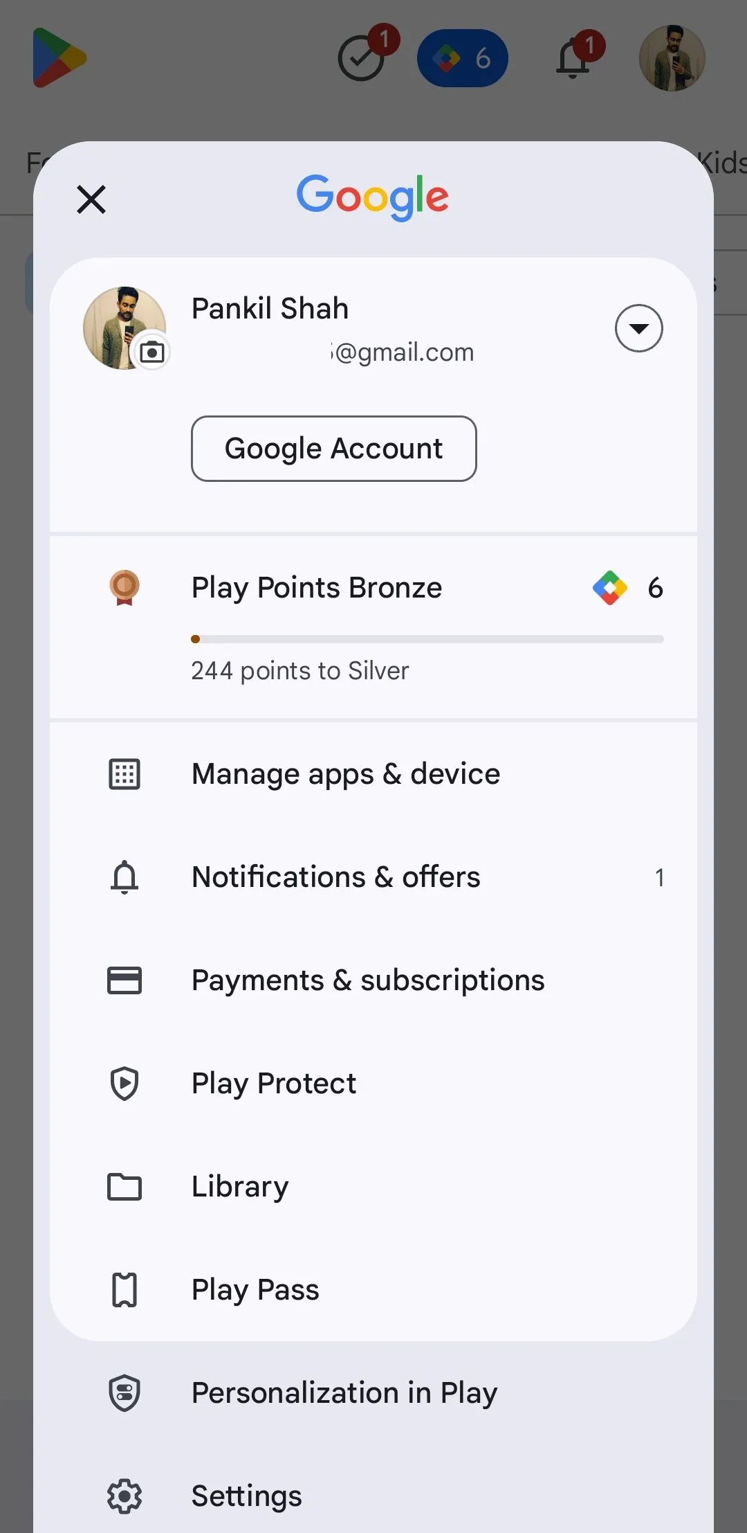 Menu tài khoản Google Play Store trên điện thoại Android