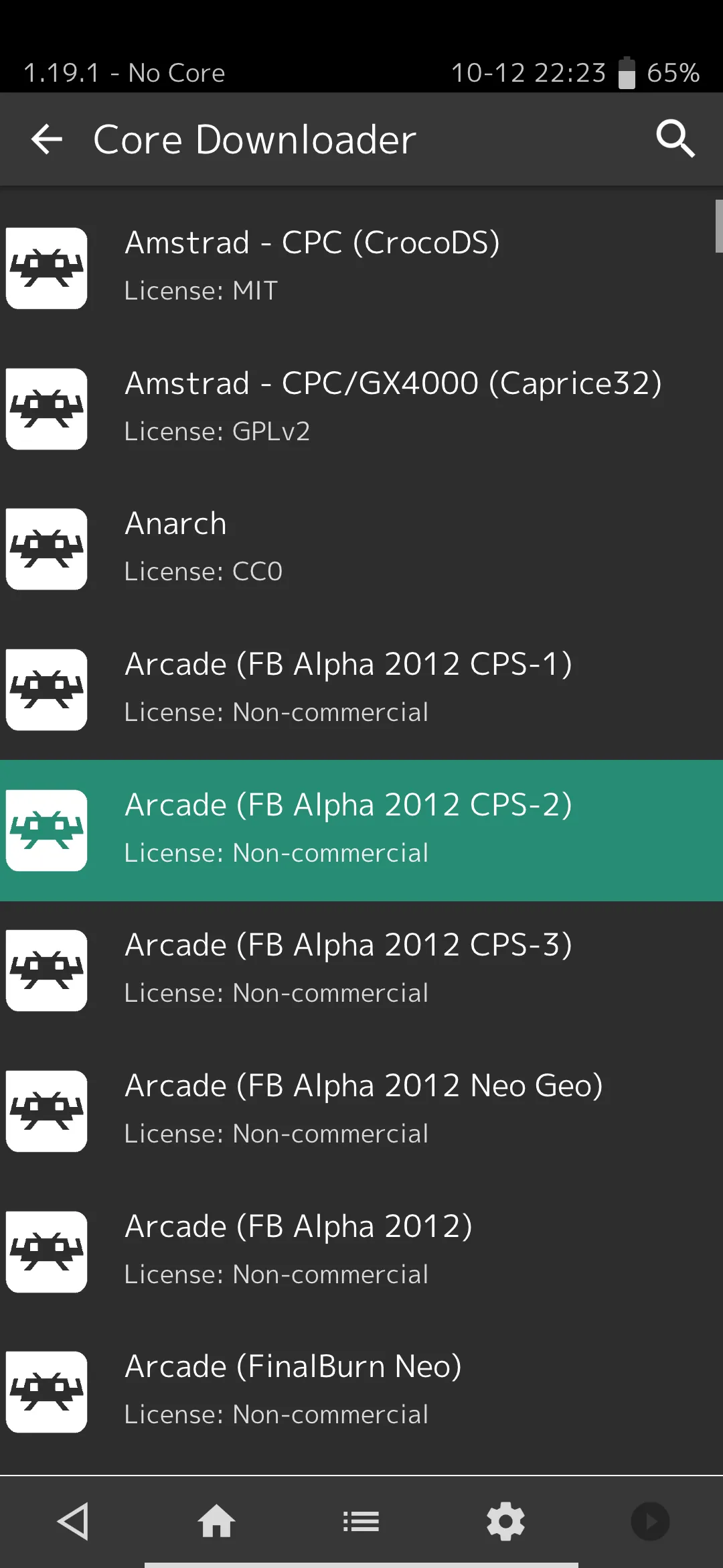 Menu tải xuống các core giả lập của RetroArch trên Android để chơi game